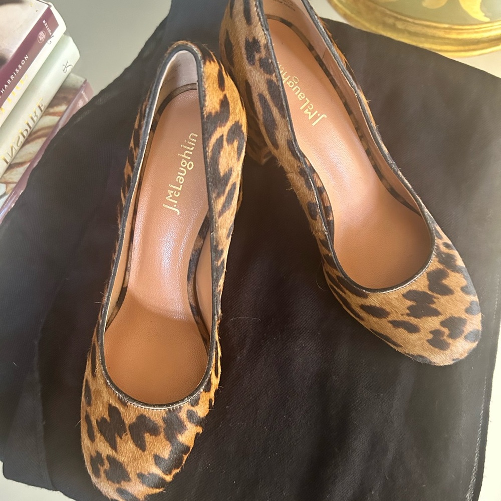 J. McLaughlin Tan and Black Leopard Heels